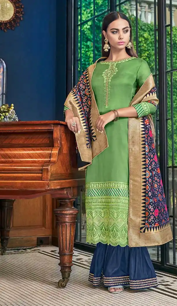 Green Color Tussar Satin Party Wear Sharara Salwar Suit -643180404
