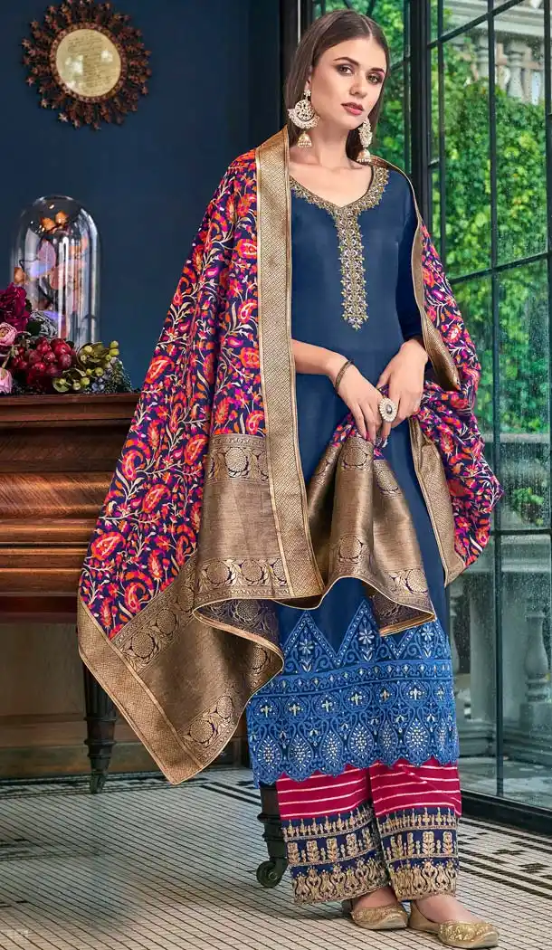 Blue Color Tussar Satin Party Wear Sharara Salwar Suit -643180406