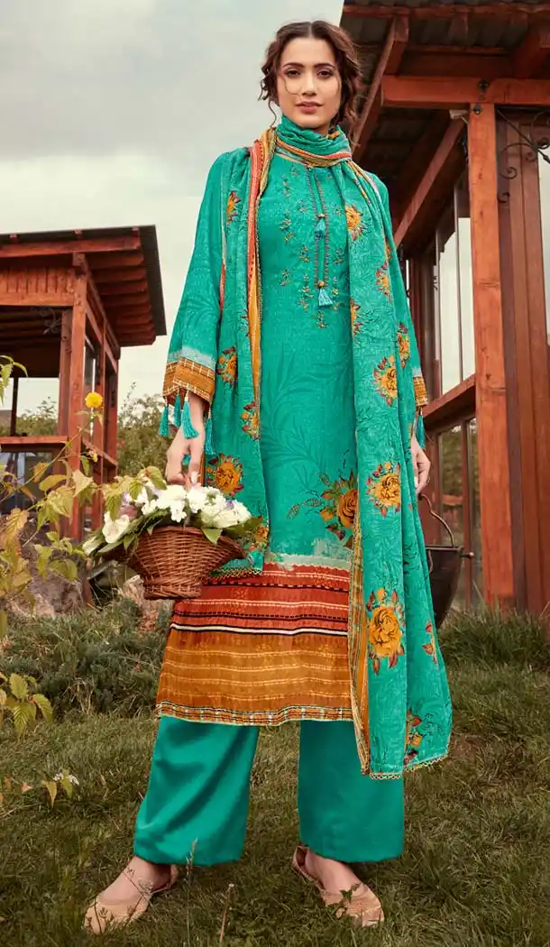 Green Color Wool Pashmina Jacquard Casual Salwar Kameez -643380425