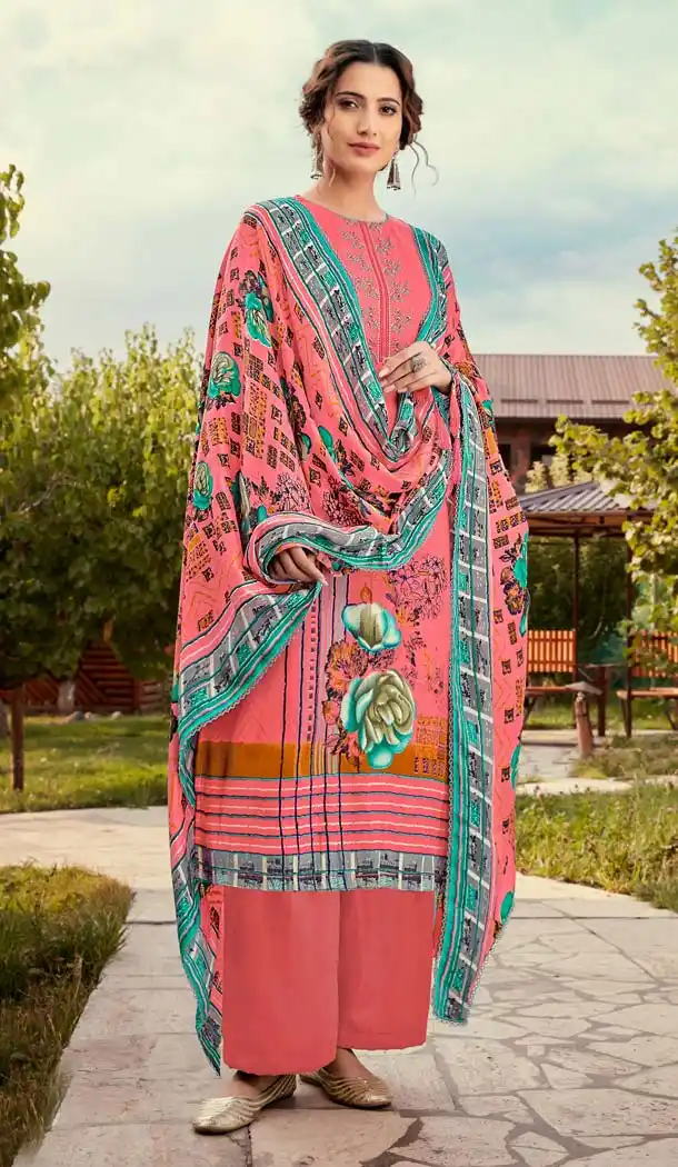 Peach Color Wool Pashmina Jacquard Casual Salwar Kameez -643380427