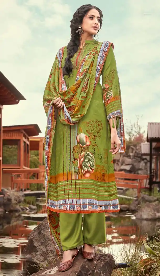 Green Color Wool Pashmina Jacquard Casual Salwar Kameez -643380428