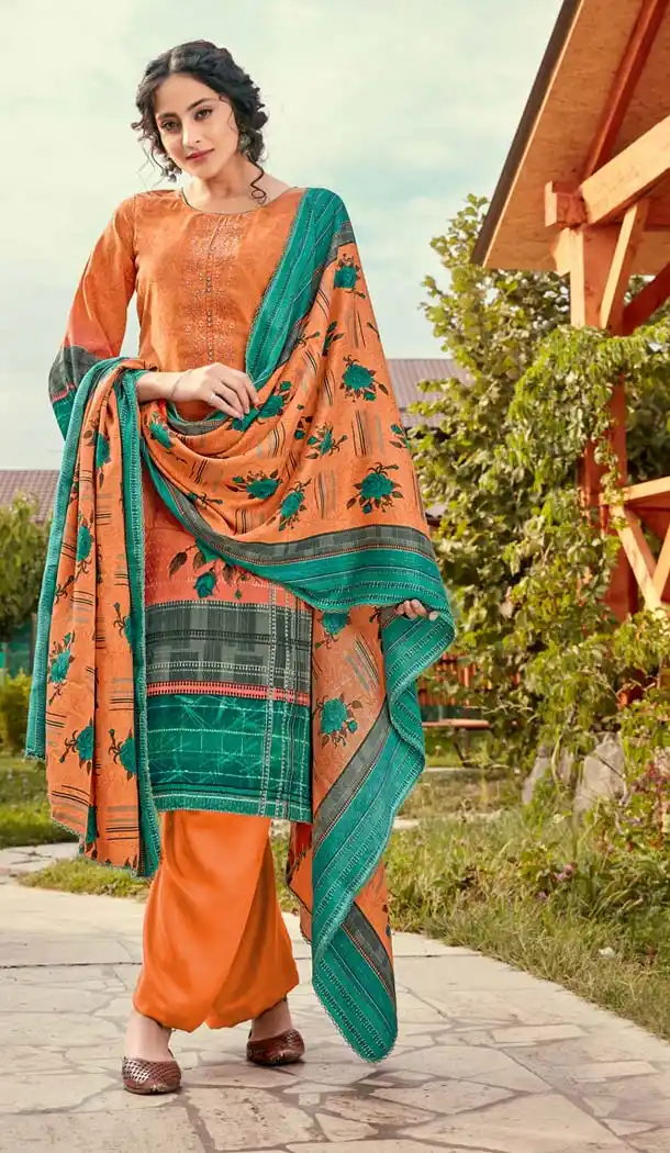 Orange Color Wool Pashmina Jacquard Casual Salwar Kameez -643380429