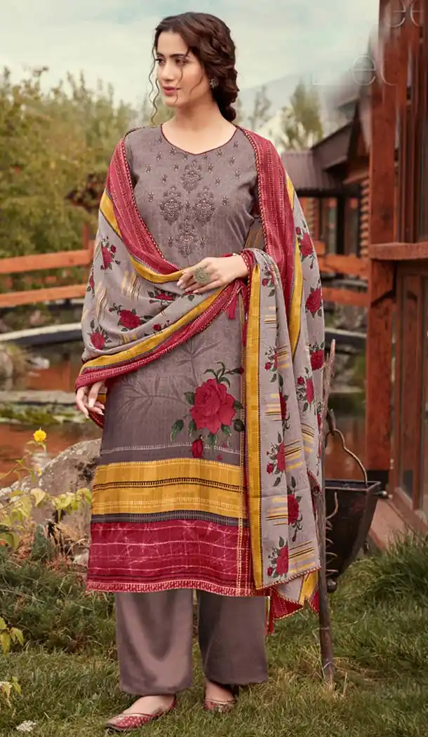 Brown Color Wool Pashmina Jacquard Casual Salwar Kameez -643380430