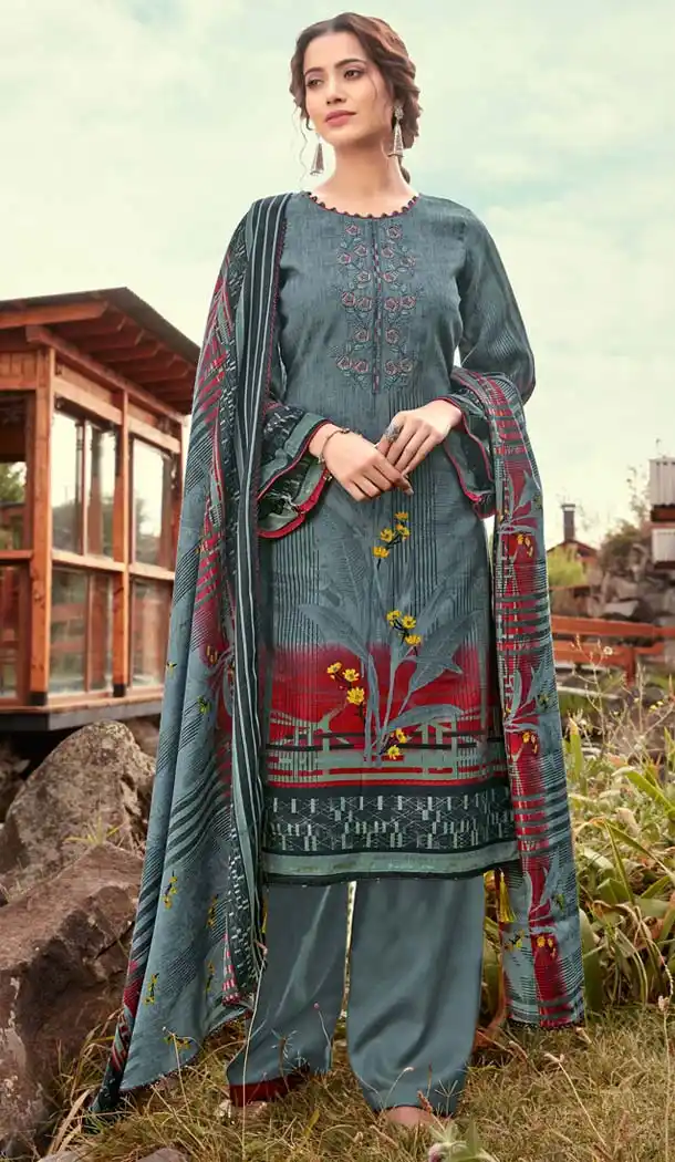 Steel Blue Color Wool Pashmina Jacquard Casual Salwar Kameez -643380431
