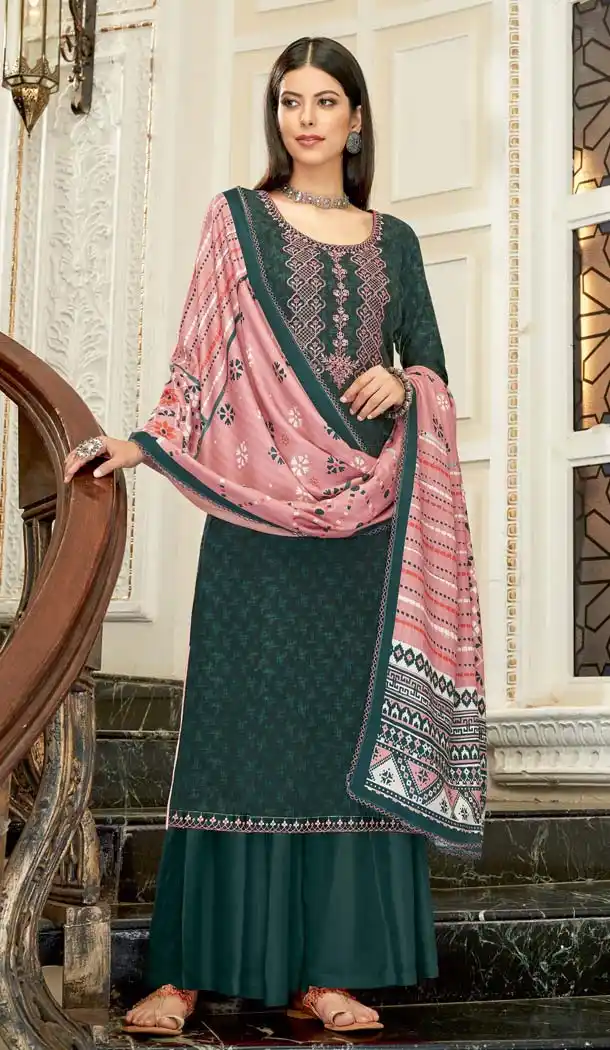 Dark Green Color Wool Pashmina Self Casual Palazzo Suit