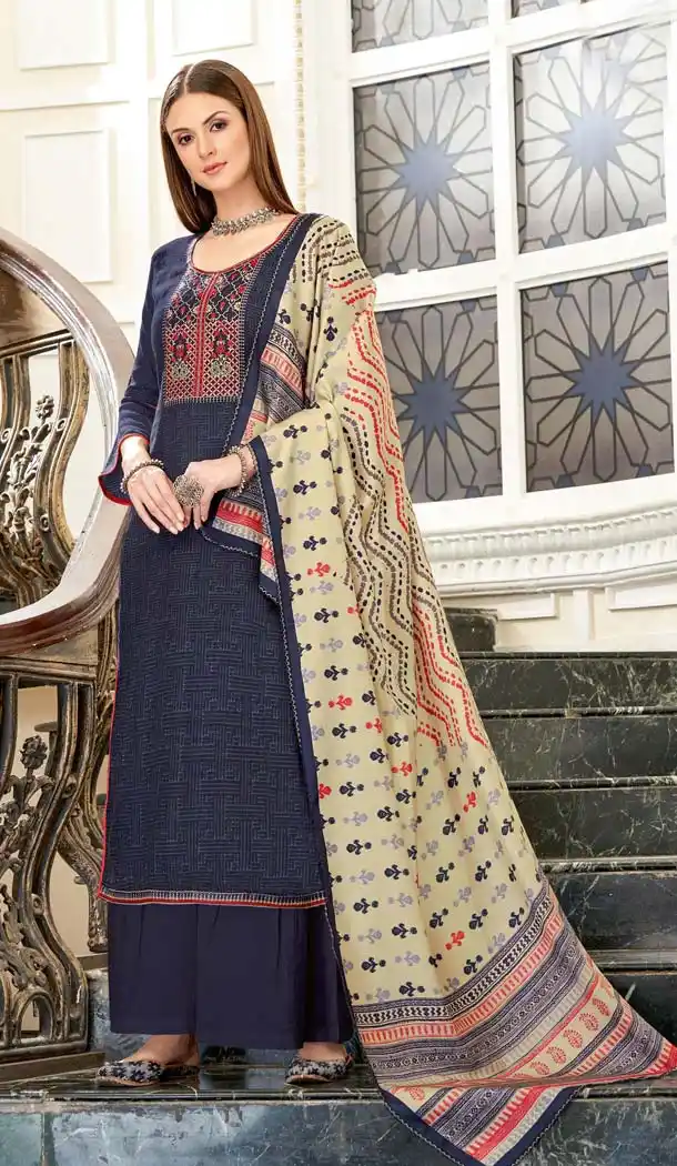 Navy Blue Color Wool Pashmina Self Casual Palazzo Suit -643480433