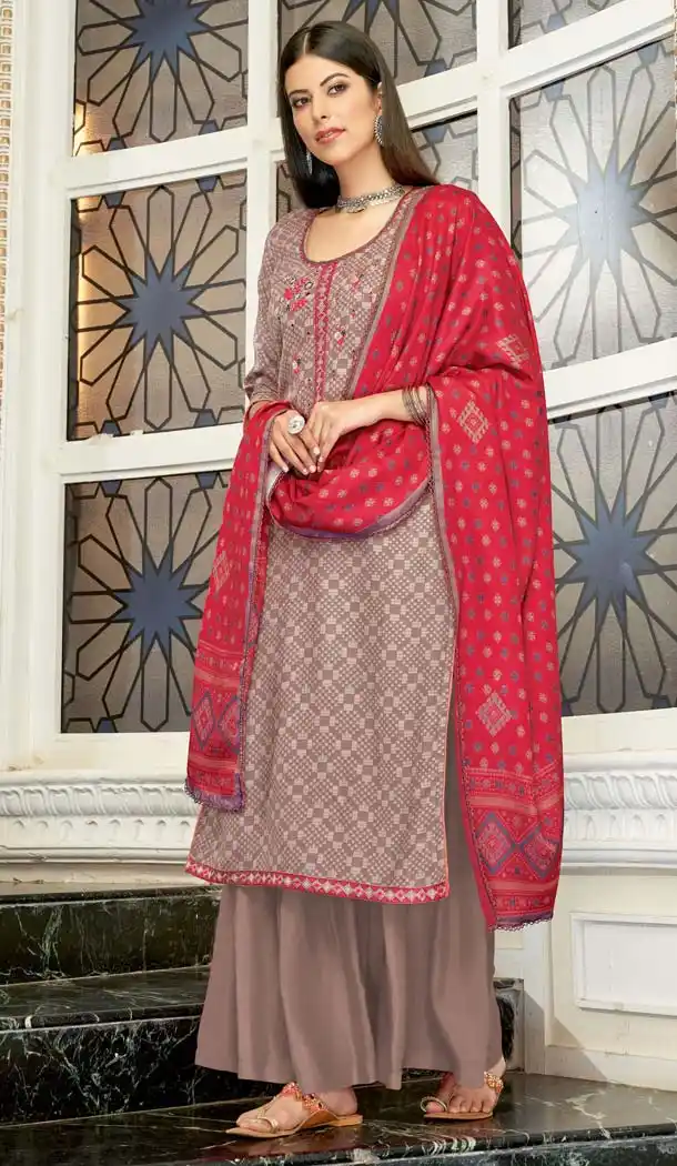 Light Brown Color Wool Pashmina Self Casual Palazzo Suit -643480434