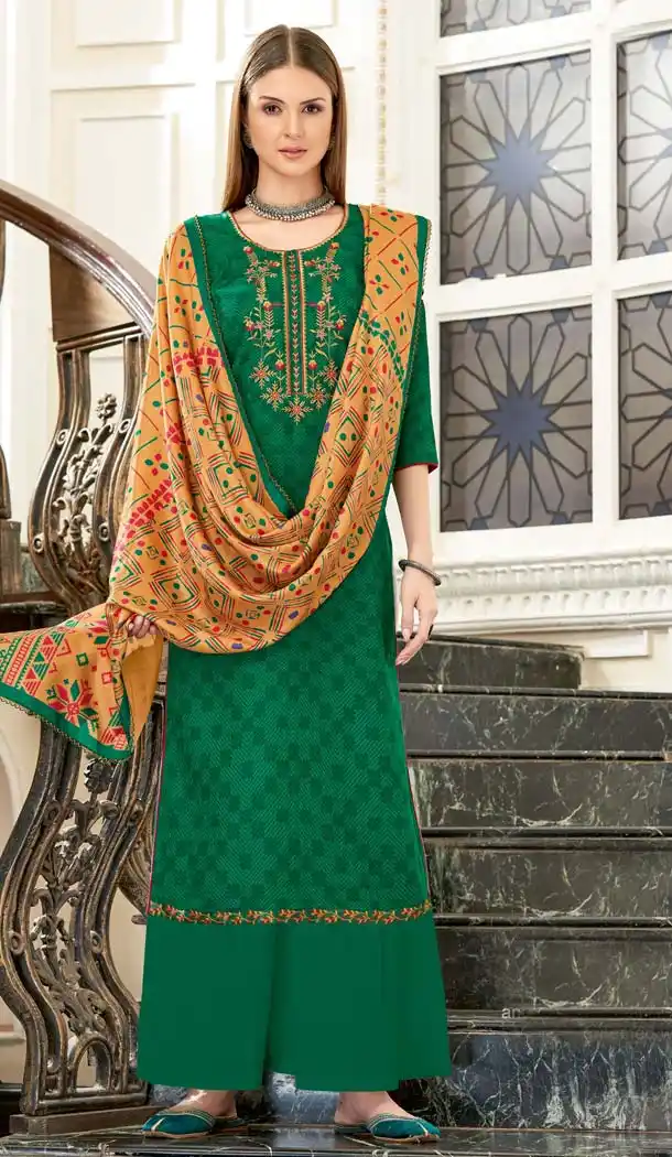 Green Color Wool Pashmina Self Casual Palazzo Suit -643480435