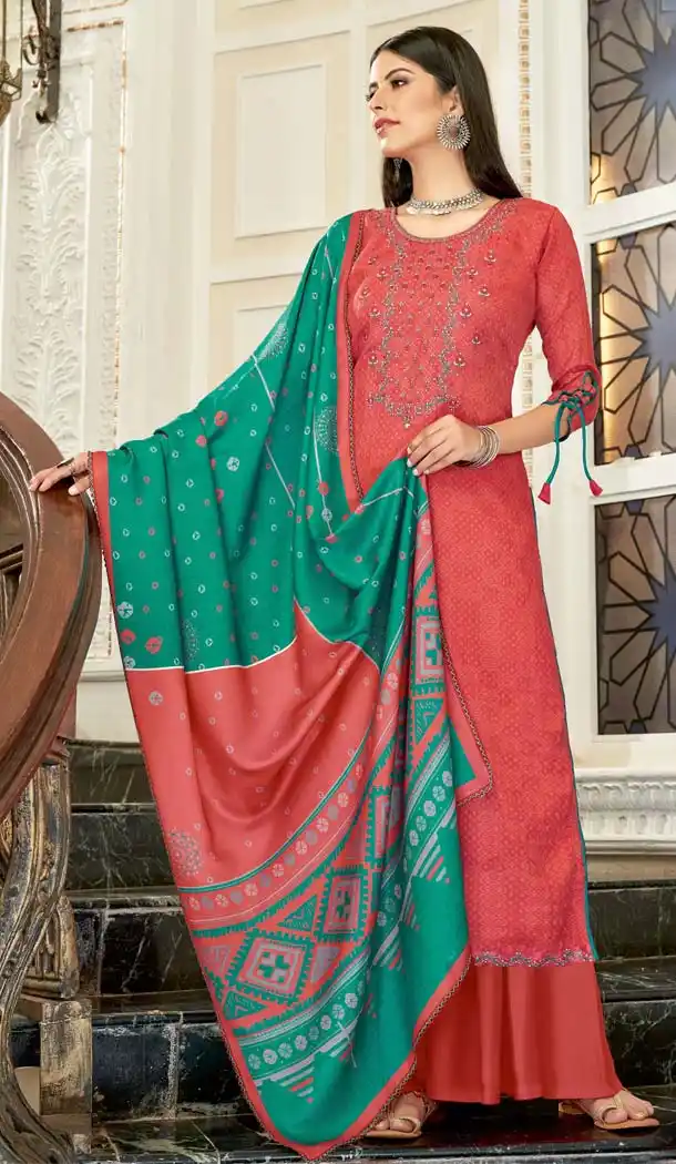 Red Color Wool Pashmina Self Casual Palazzo Suit -643480436