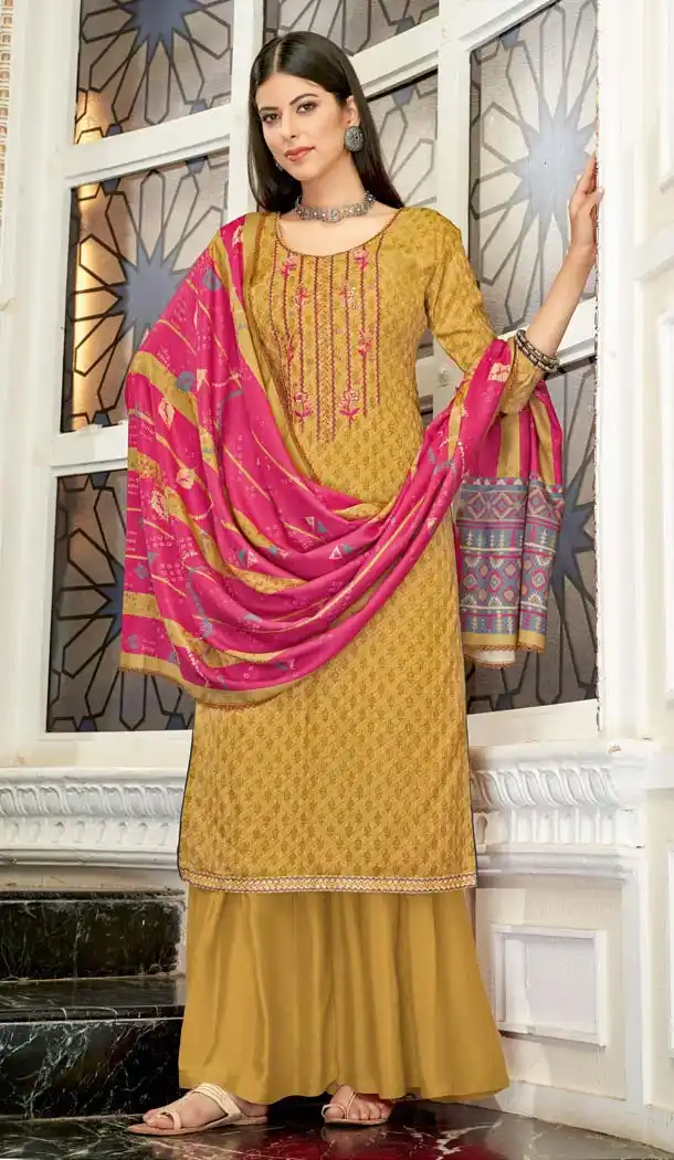 Musterd Color Wool Pashmina Self Casual Palazzo Suit -643480437