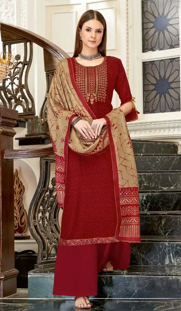 Maroon Color Wool Pashmina Self Casual Palazzo Suit -643480438