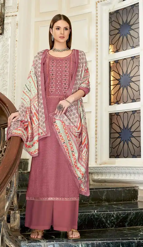 Light Maroon Color Wool Pashmina Self Casual Palazzo Suit -643480439