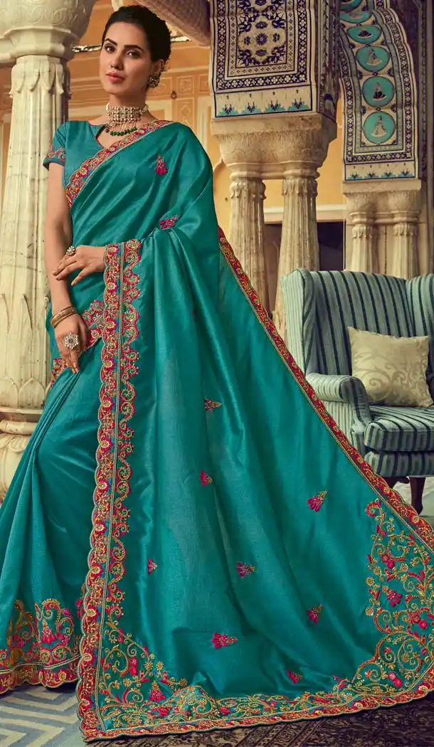 Turquoise Color Georgette Silk Designer Traditional Wear Saree -643980466