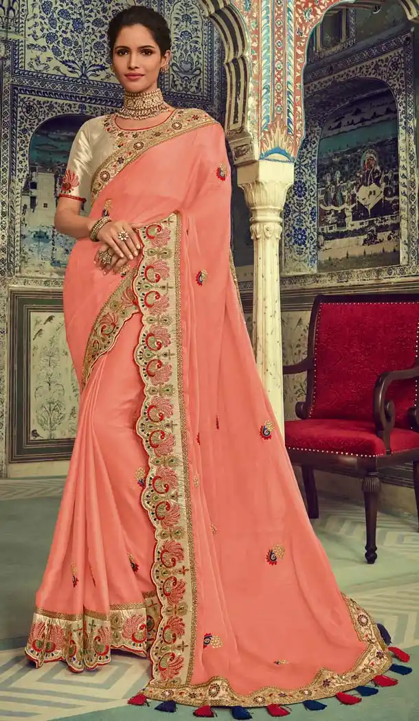 Peach Color Chiffon Designer Traditional Wear Saree -643980468