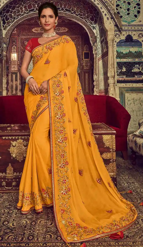 Yellow Color Chiffon Designer Traditional Wear Saree -643980474