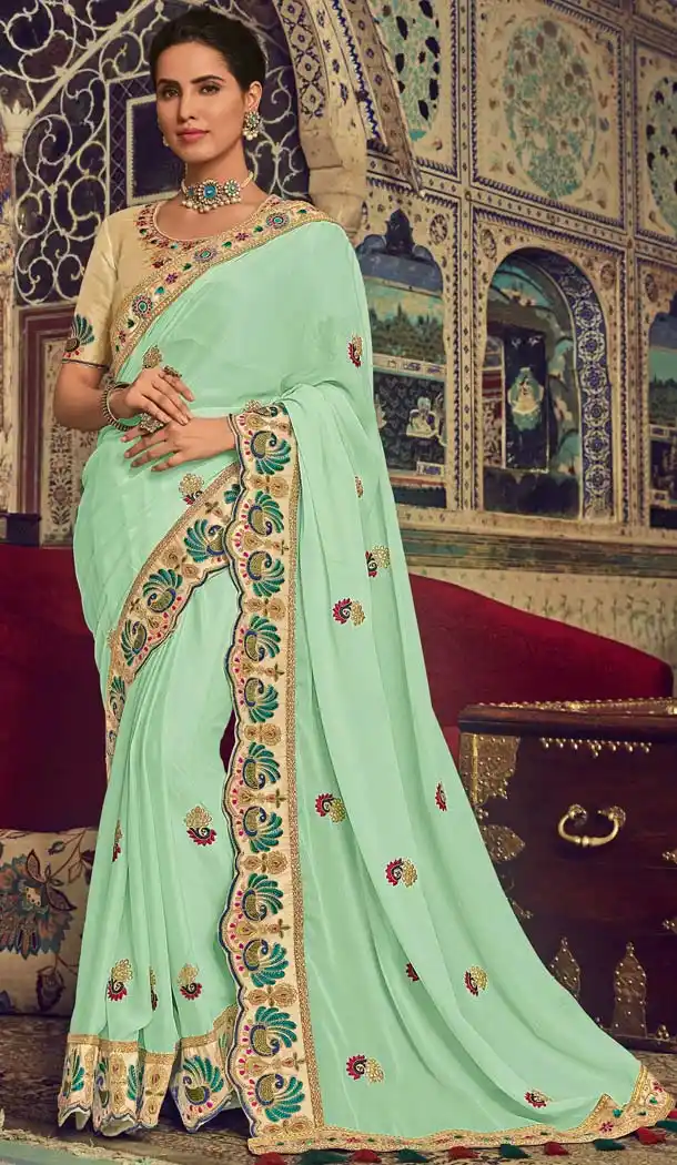 Aqua Green Color Georgette Designer Traditional Wear Saree -643980480