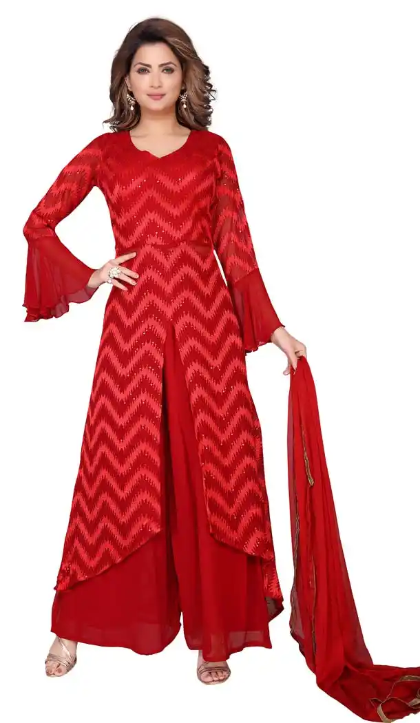Red Color Georgette Designer Readymade Plus Size Kurti -644280522