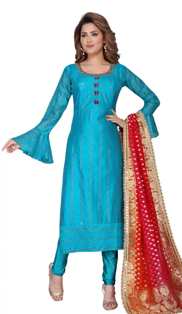 Rama Color Chanderi Designer Readymade Plus Size Kurti -644280523