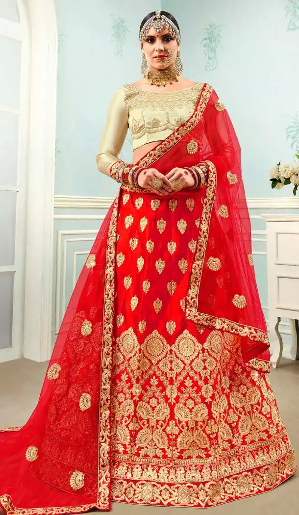 Red Color Satin Silk Traditional Party Wear Lehenga Choli -645580650