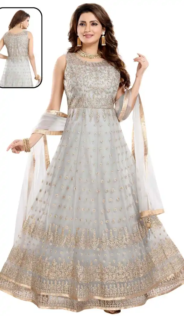 Grey Color Net With Butter Crape Readymade Anarkali Dress -647080780