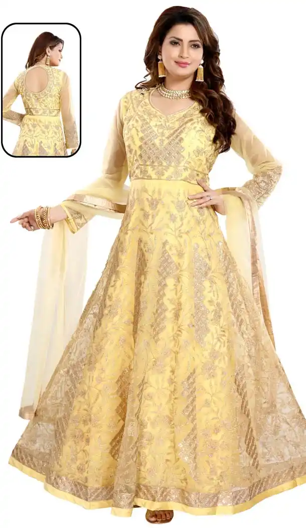 Yellow Color Net With Butter Crape Readymade Anarkali Dress -647080783