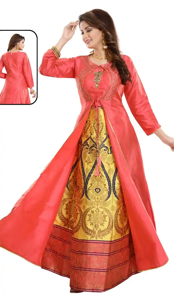 Red Color Bamboo Silk Readymade Lehenga Suits With Jacket -647080784