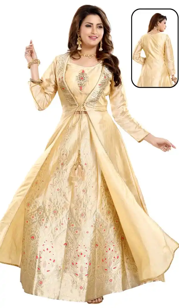 Cream Color Bamboo Silk Readymade Lehenga Suits With Jacket -647080787