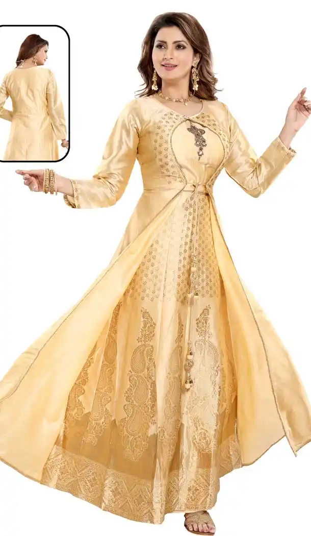 Gold Color Bamboo Silk Readymade Lehenga Suits With Jacket -647080789