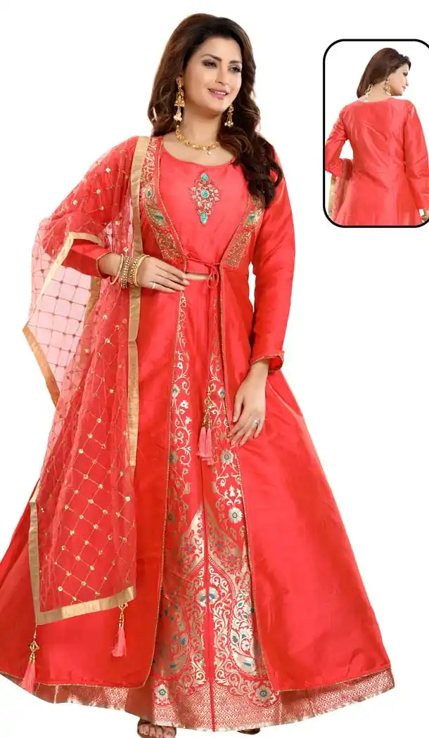 Elegance Red Color Bamboo Silk Readymade Lehenga Suits With Jacket -647080790