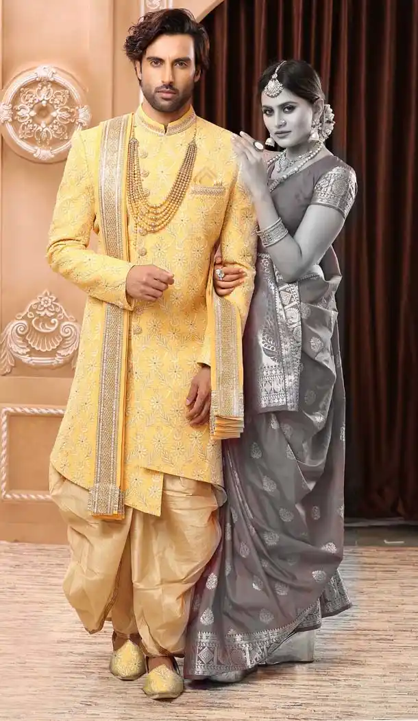 Mesmerizing Yellow Imported Designer Readymade Man Sherwani -639779990