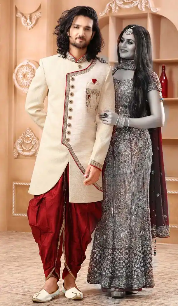 Gleaming Cream Color Imported Designer Readymade Man Sherwani -639780016