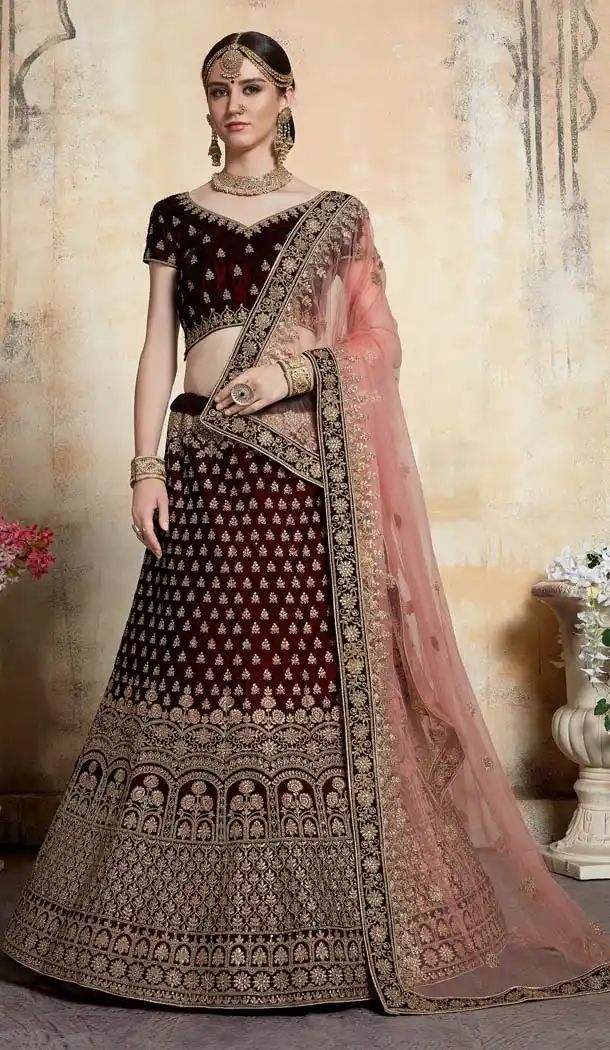 Maroon Color Pure Velvet Designer Wedding Lehenga Choli -643580440