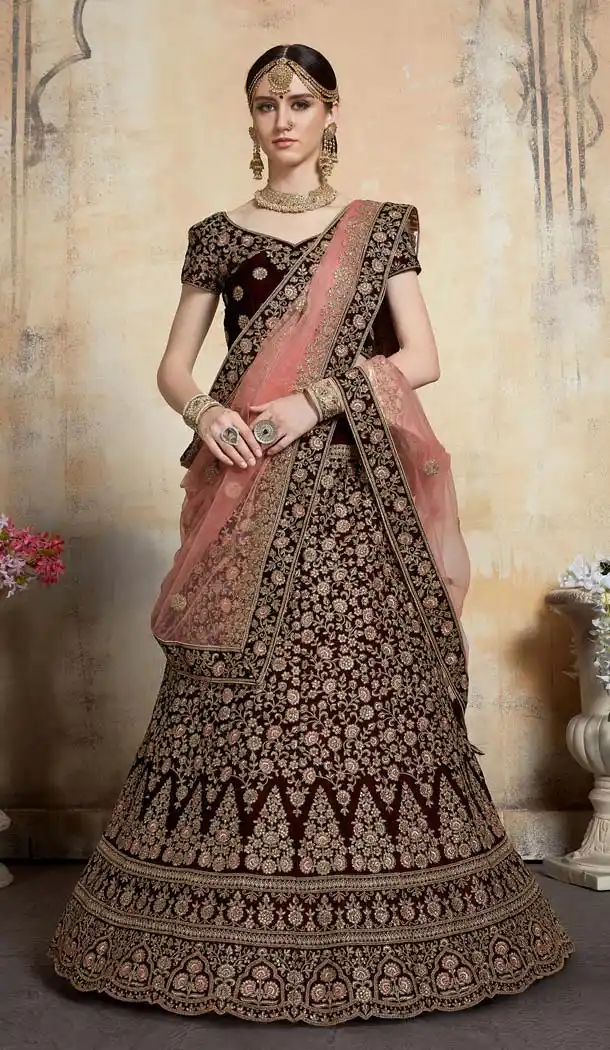 Maroon Color Pure Velvet Designer Wedding Lehenga Choli -643580441
