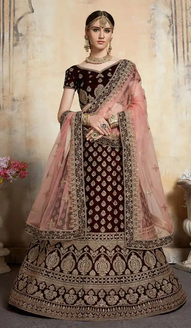 Maroon Color Pure Velvet Designer Wedding Lehenga Choli -643580442