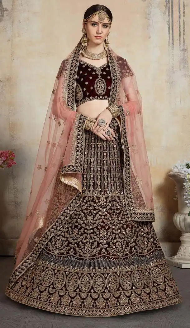 Maroon Color Pure Velvet Designer Wedding Lehenga Choli -643580443