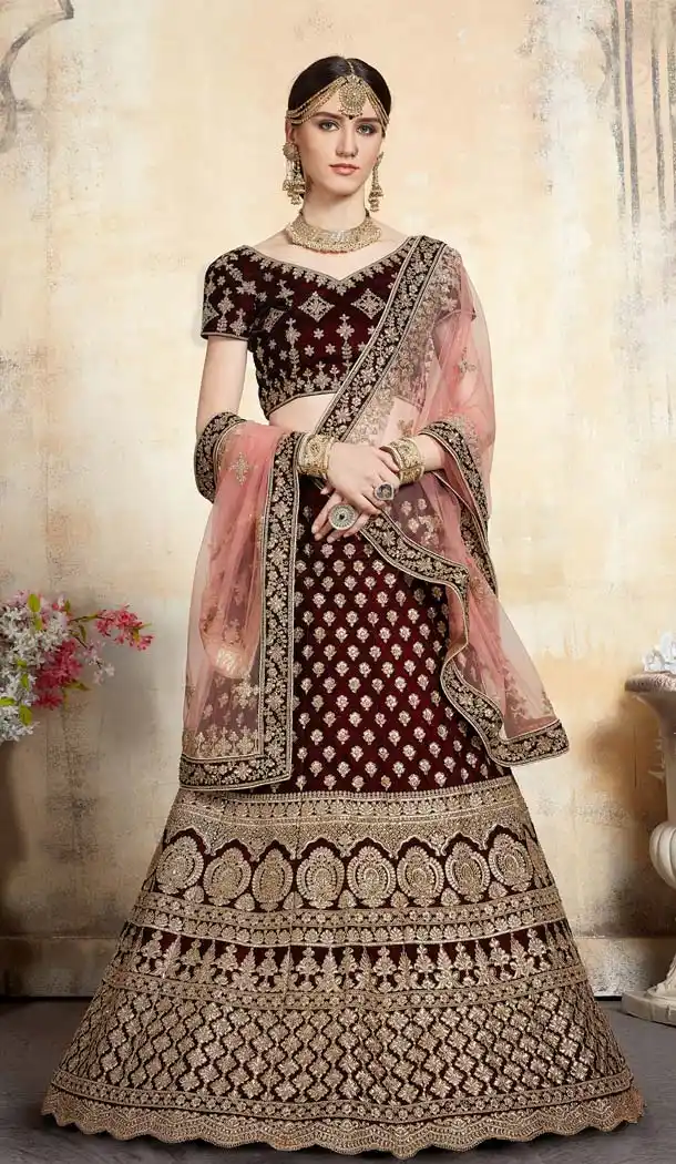 Maroon Color Pure Velvet Designer Wedding Lehenga Choli -643580444