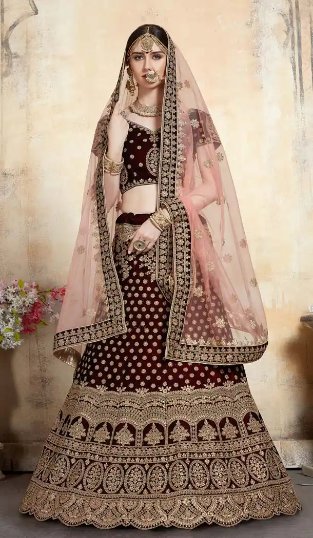 Maroon Color Pure Velvet Designer Wedding Lehenga Choli -643580445