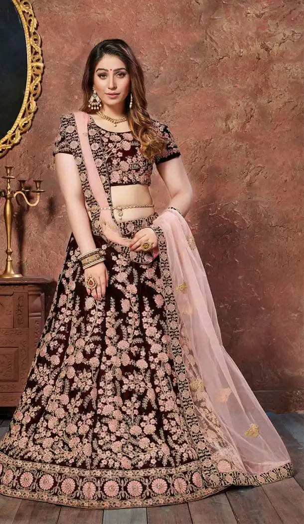 Maroon Color Velvet Designer Party Wear Lehenga Choli -643780454