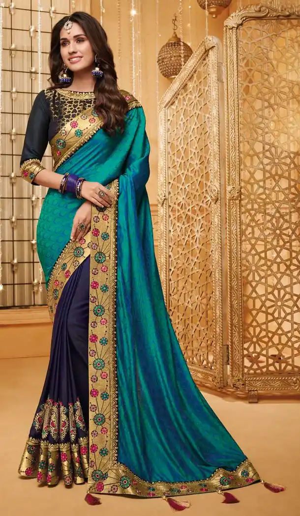 Firozi Navy Blue Color Silk Designer Party Wear Saree Blouse -644780585