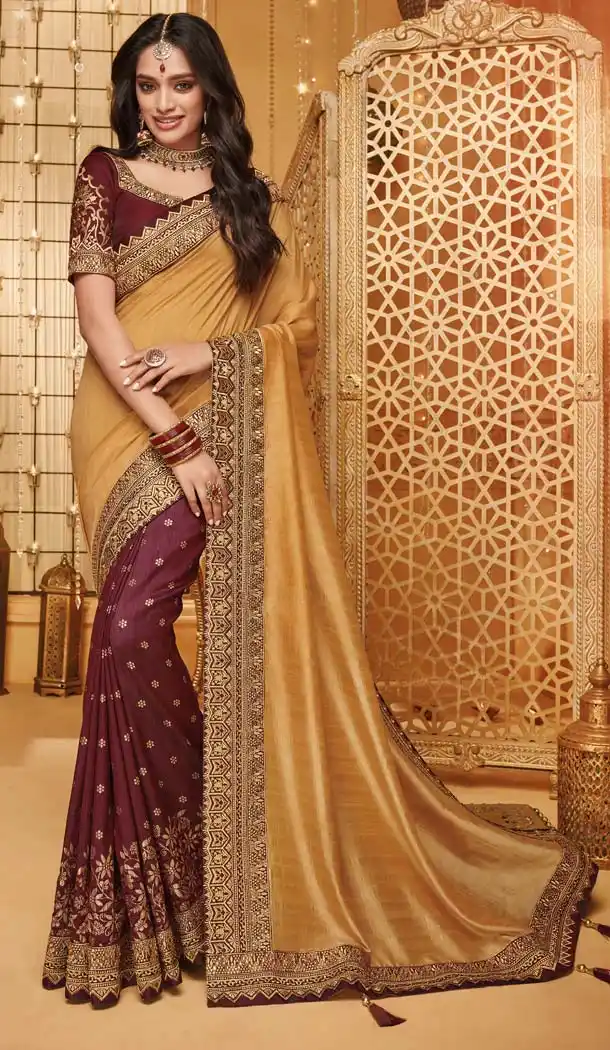 Gold Maroon Color Silk Designer Party Wear Saree Blouse -644780590