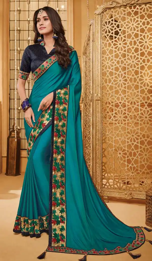Gleaming Firozi Color Silk Designer Party Wear Saree Blouse -644780591