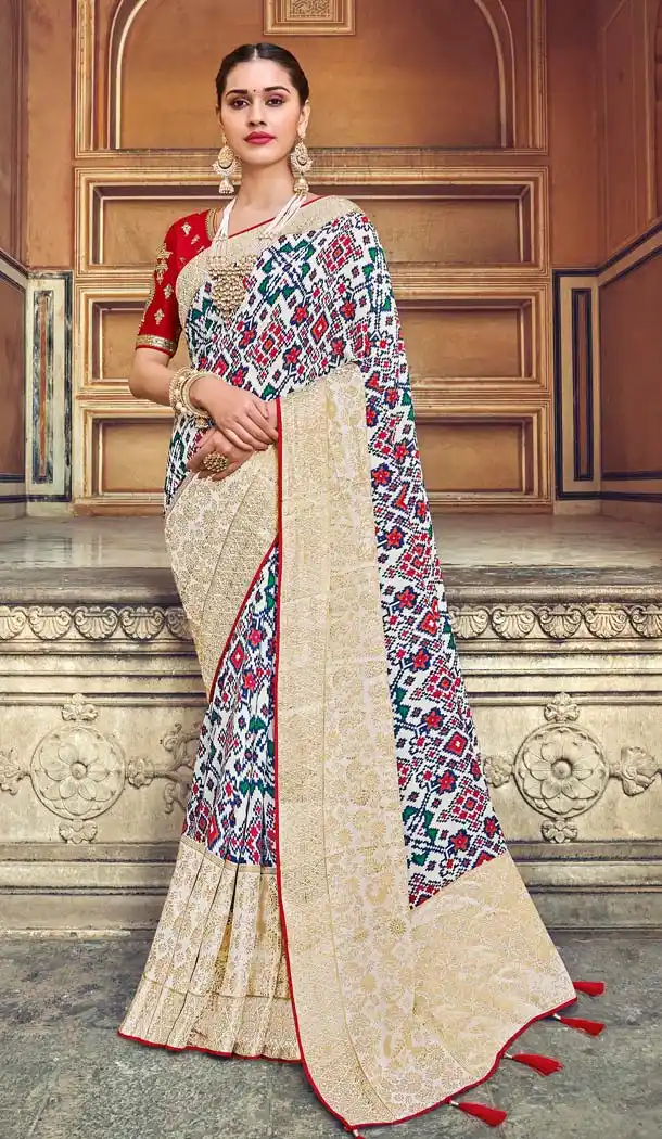 White Color Fancy Rajesthani Bandhani Style Saree Blouse -645180617