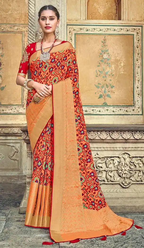 Peach Color Fancy Rajesthani Bandhani Style Saree Blouse -645180620