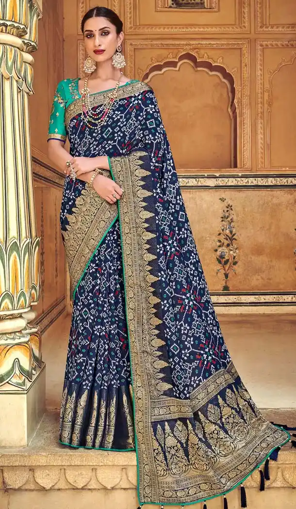 Blue Color Fancy Rajesthani Bandhani Style Saree Blouse -645180623