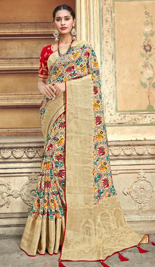 Beige Color Fancy Rajesthani Bandhani Style Saree Blouse -645180624