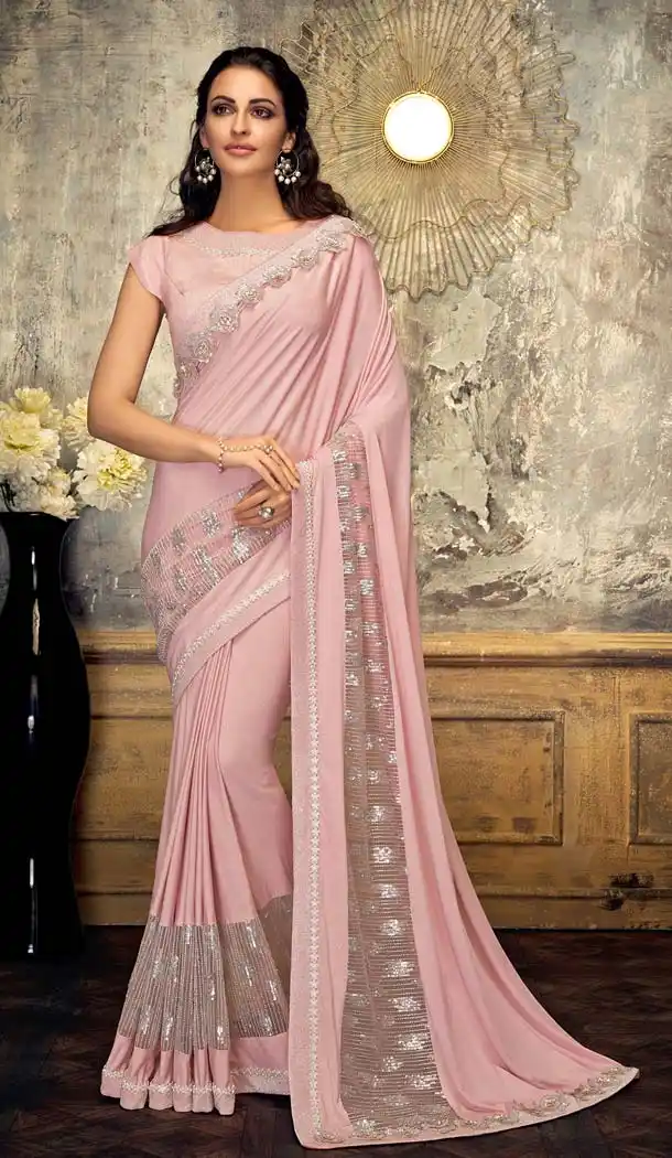 Baby Pink Color Lycra Fancy Net Designer Party Wear Saree -648080949