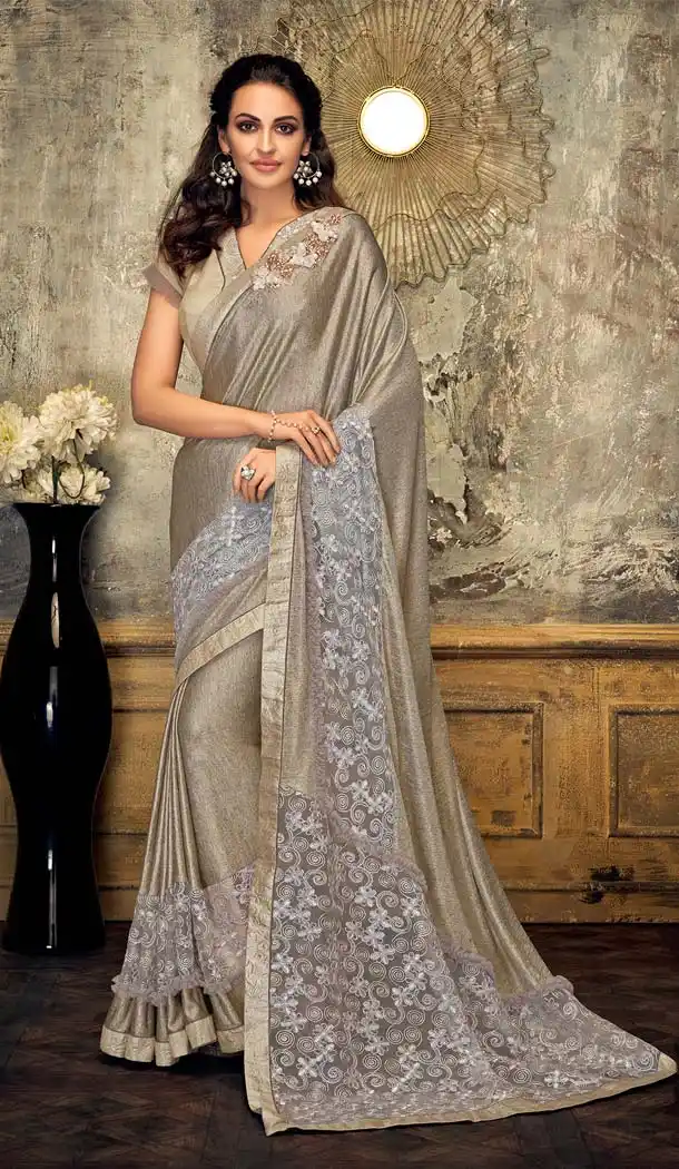 Flamboyant Gold Color Lycra Fancy Net Designer Party Wear Saree -648080951