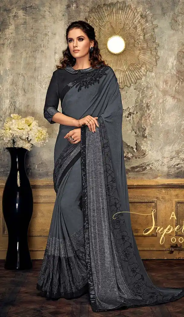 Adorable Grey Color Lycra Designer Party Wear Saree -648080952