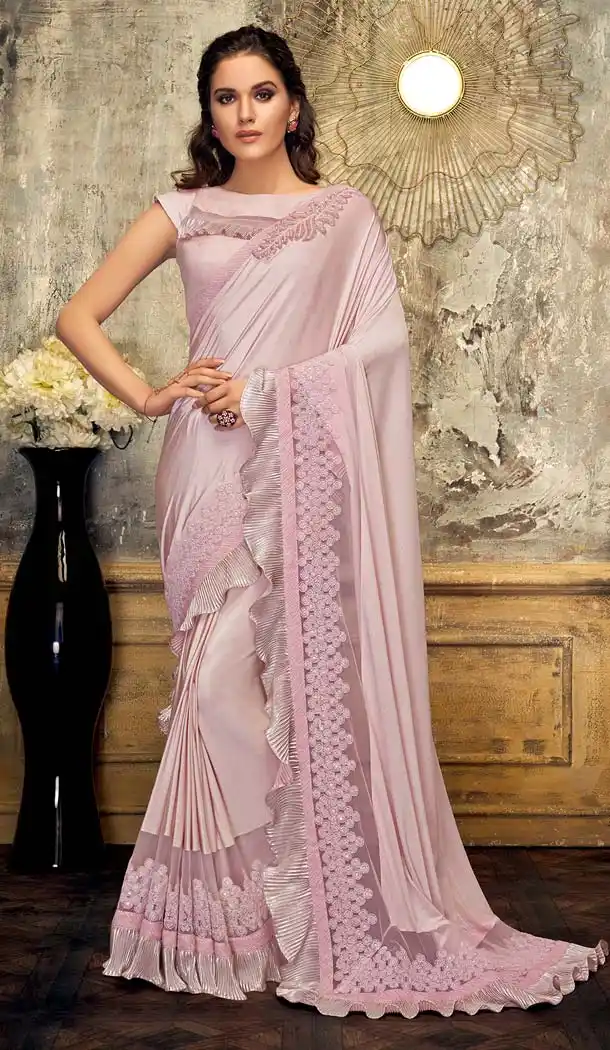 Baby Pink Color Lycra Designer Party Wear Saree -648080956