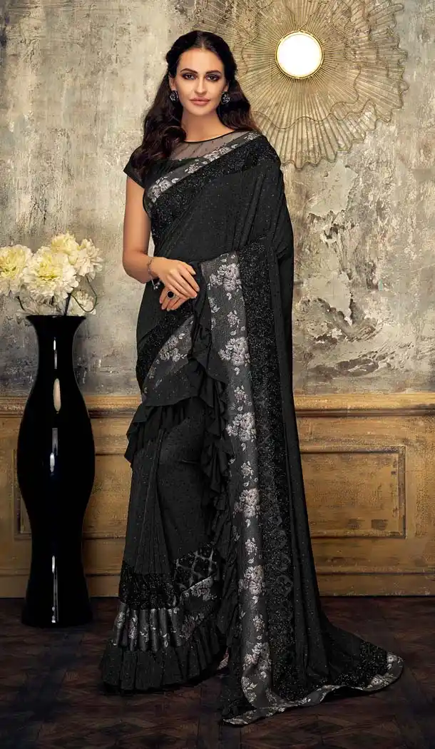 Contemporary Black Color Lycra Designer Party Wear Saree -648080957